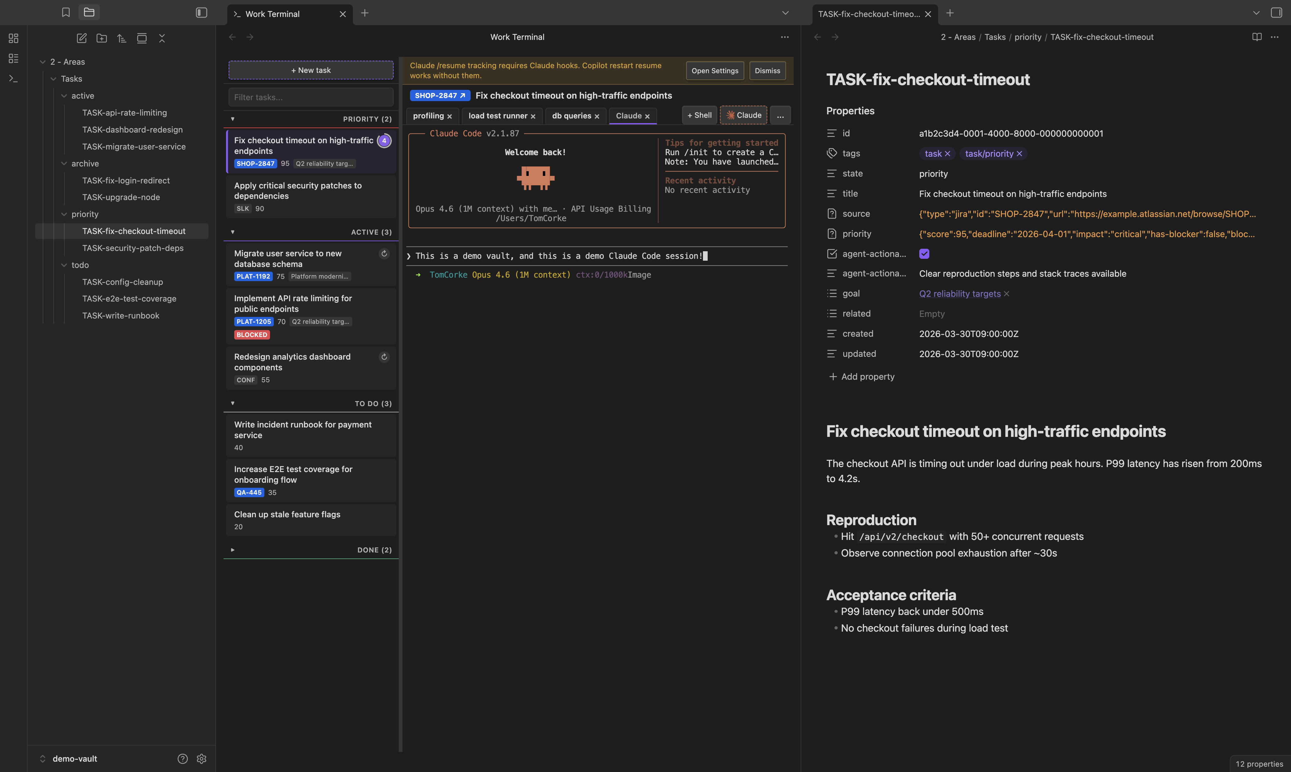Kanban board with tabbed terminals and detail view