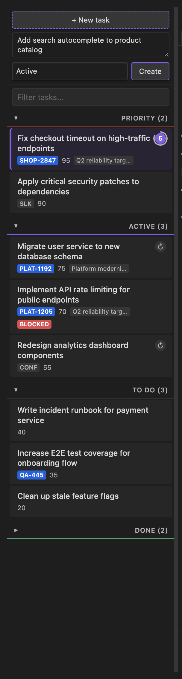 Task creation with column selector